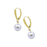 14k Yellow Gold 7.5-8.0mm Round Akoya Cultured Pearl High Luster, Leverback Earring, AAA Quality