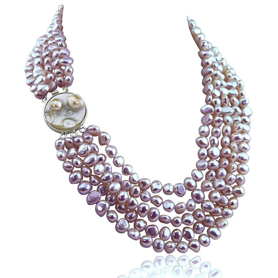 5-Row 7–8mm Lavender Baroque Freshwater Cultured Pearl Necklace, 16–22", with Mother-of-Pearl Metal Clasp