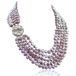 16-22 inch-7-8mm, 5 Row Baroque Freshwater Cultured Pearl Necklace Mother of Pearl metal clasp (Lavender)