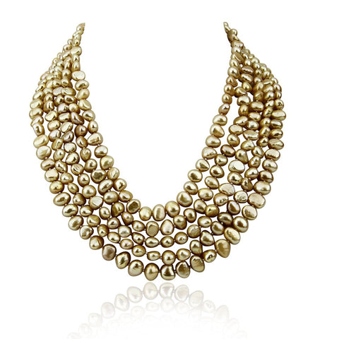 5 row High Luster Brown Freshwater Cultured Pearl necklace with mother-of-pearl base metal clasp