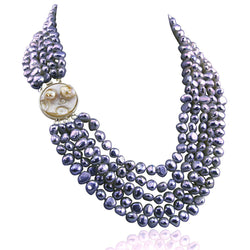 16-22 inch-7-8mm, 5 Row Baroque Freshwater Cultured Pearl Necklace Mother of Pearl metal clasp (Grey)