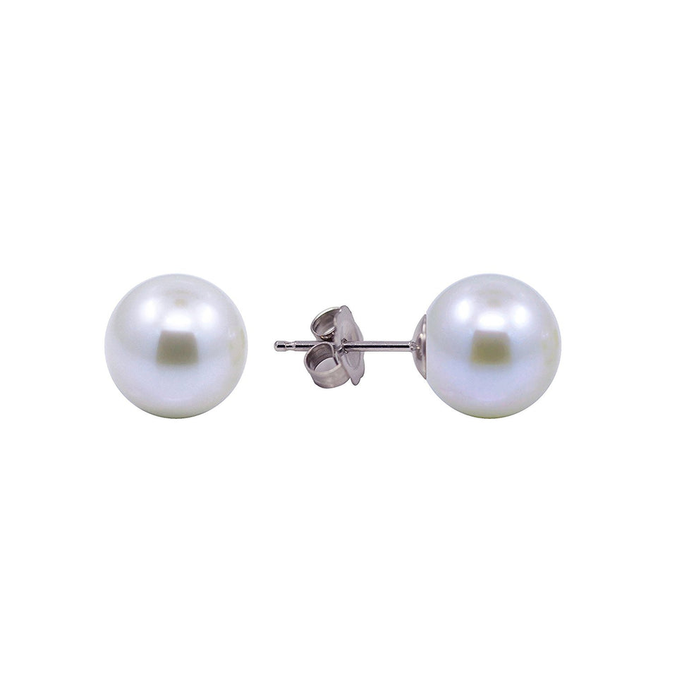 14K White Gold 7–7.5mm White Round Freshwater Cultured Pearl Stud Earrings