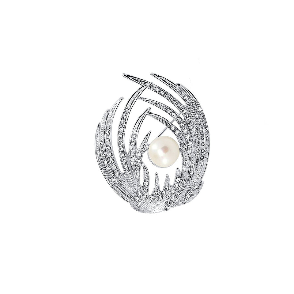 White Freshwater Pearl Win Brooch with Rhinestones