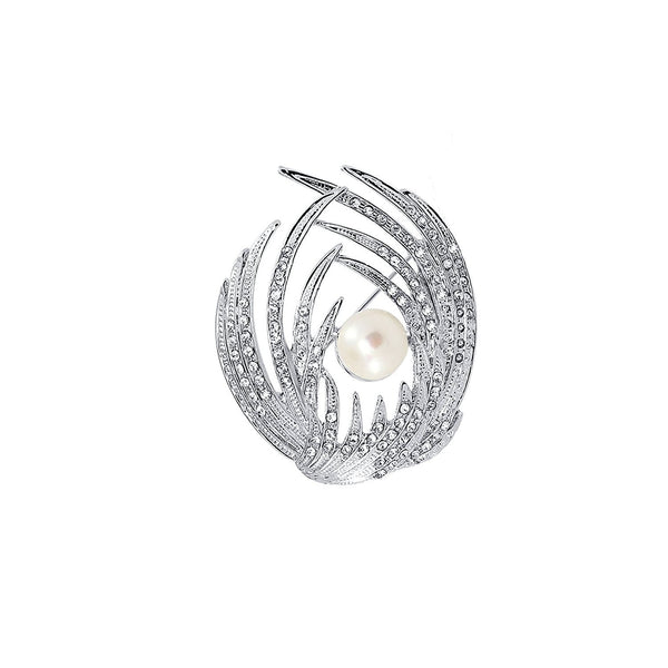 White Freshwater Pearl Win Brooch with Rhinestones
