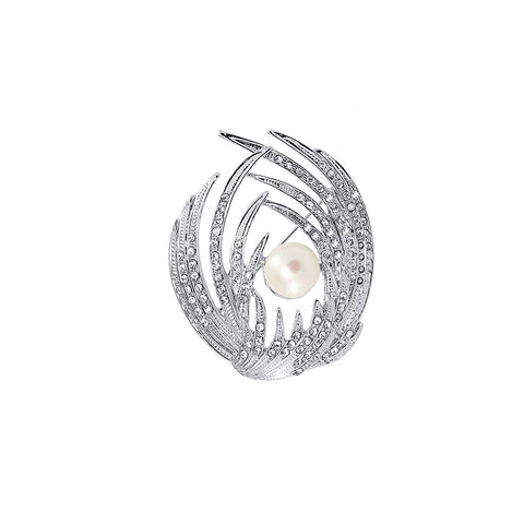 White Freshwater Cultured Pearl Win brooch with Rhinestones