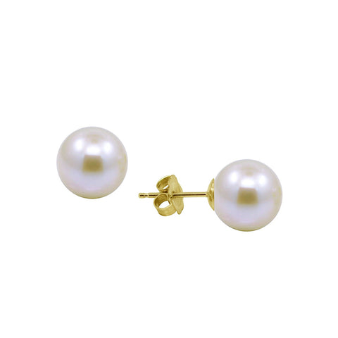 14k Yellow Gold 8.5-9.0mm Perfect Round White Freshwater Cultured Pearl High Luster Stud Earring