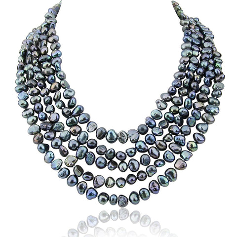 5 row High Luster Black Freshwater Cultured Pearl necklace with mother-of-pearl-base-metal-clasp.