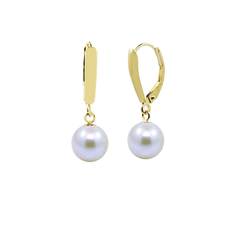 14k Yellow Gold 7.5-8.0mm Round Akoya Cultured Pearl High Luster, Leverback Earring, AAA Quality